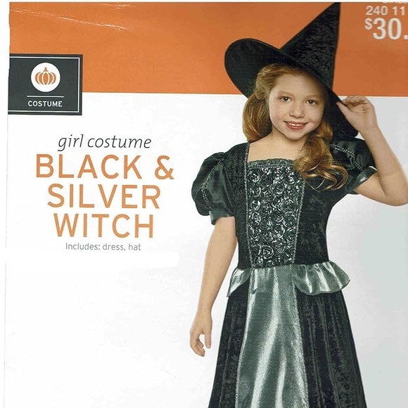 Witch Costume Girls Good Nice Evil Witch Vampire Size M 6/8 Black Silver - Picture 7 of 8